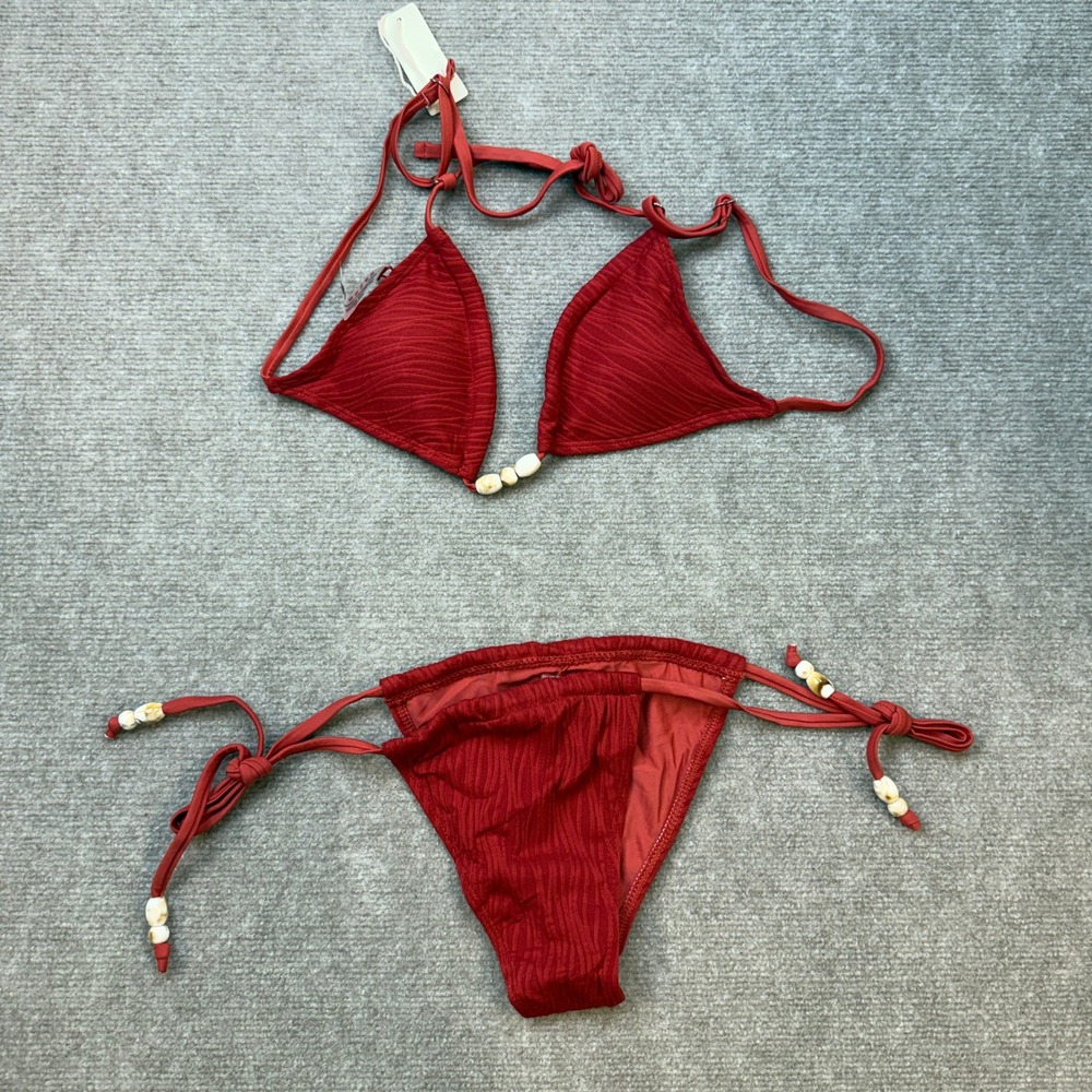 MSRP $46 seamoly Women's XS Red Bikini Set Ribbed Beaded Adjustable Spaghetti - Picture 7 of 11